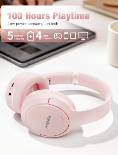 RUNOLIM Hybrid Active Noise Cancelling Headphones, Wireless Over Ear Bluetooth Headphones with Microphone, 100H Playtime, Foldable Headphone with HiFi Audio, Deep Bass for Home Travel Office（Pink） - color: Pink