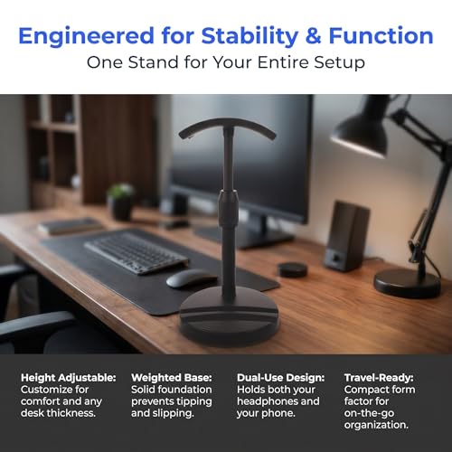 GANAZONO Headset Stand with Phone Holder, Dual Slot Plastic Headphone and Phone Organizer, Adjustable Desktop Stand for Gaming Desks and Workspaces, Prevents Scratch and Keeps Devices Neat