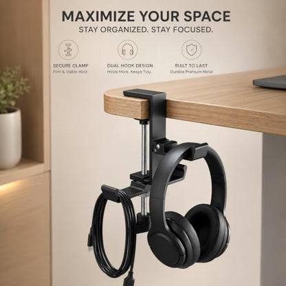 JAKO Headphone Stand for Desk, 3 Hooks Aluminum Alloy Headphone Holder (1 Foldable+2 Fixed) Space Saving Headset Stand Hook, Universal Fit PC Gaming Headsets Holder Desk Clamp for Office/Game Table - color: Black