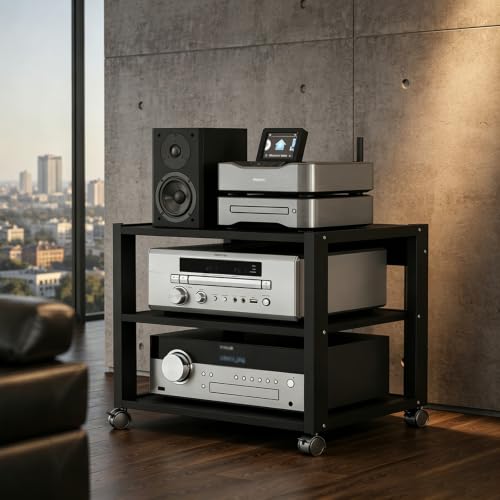 3 Tier Audio Rack Tower, CD Record Player Stereo Receiver AV Equipment Cabinet Display Rack, Weight Capacity 661 lbs, with Adjustable Wooden Shelves for Home (3 Tier Black) - size: 3 Tier Black