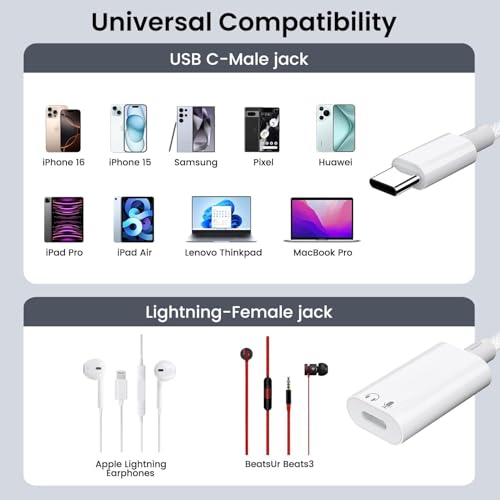 Vcddom USB C to Lightning Audio Adapter, USB Type C Male to Female Lightning Headphone Audio Adapter Compatible with iPhone 17/17 Pro/16/16 Pro Max, iPad Pro, iPad Air 6/5, Galaxy S25/S24 (No Charge)