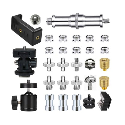 30Pack Camera Tripod Screw Mount Kit 1/4 to 3/8 Inch Adapter Threaded Converter 1/4" Swivel Ball Head and Hot Shoe E Clip for DSLR/Monopod/Flash Light/Quick Release Plate