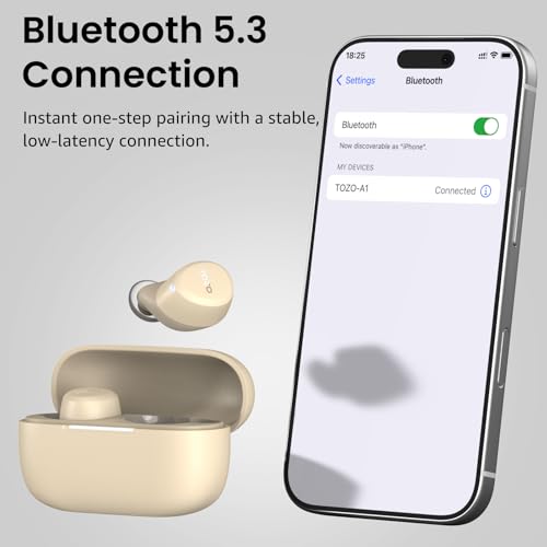 TOZO A1 Wireless Earbuds Bluetooth 5.3 Light Weight in Ear Headphones | IPX5 Waterproof, 2 Mics for AI Calls, Immersive Premium Sound Bass Ear buds with Charging Case, 32 Presets EQ via TOZO App - color: Light Khaki