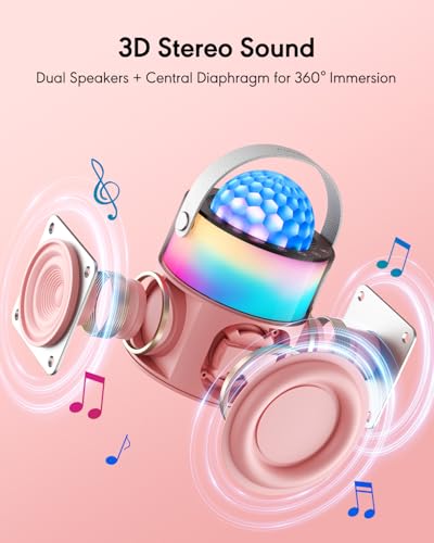 Karaoke Machine with Disco LED Lights for Kids Adults, Mini Portable Bluetooth Speaker with 2 Wireless Microphones, Birthday Gifts for Girls Family Party Basket Stuffers (Pink) - color: Pink