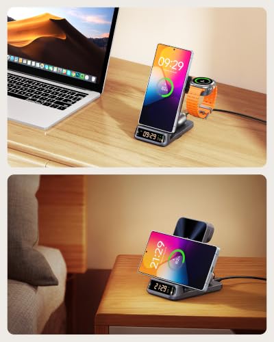 SwanScout 708S 3-in-1 Foldable Wireless Charger for Samsung Devices | Wireless Charging Station with Clock, for S26/S25/S24/S23/Z Flip8, for Galaxy Watch 8/7/FE/6/5/4, No Adapter - color: Tech Grey