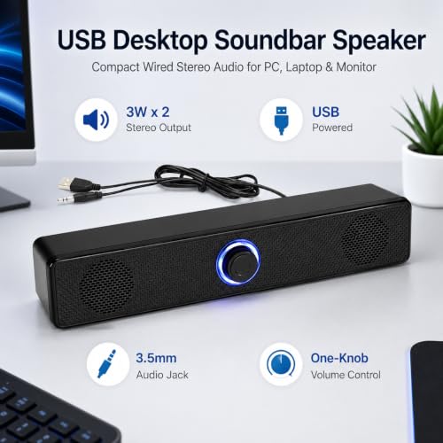 Computer Speakers USB-A Powered Wired Stereo Desktop Speakers with 3.5mm Aux Plug No Bluetooth for PC Laptop 2026, Black - color: Black