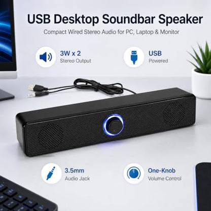 Computer Speakers USB-A Powered Wired Stereo Desktop Speakers with 3.5mm Aux Plug No Bluetooth for PC Laptop 2026, Black - color: Black