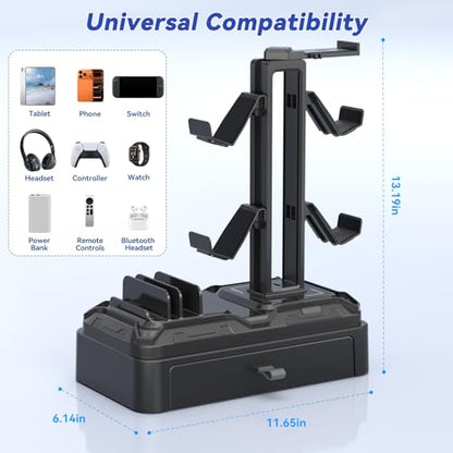 KDD Headphone Stand with Drawer - Rotatable Headset & Detachable Controller Holder for Desk - Multifunctional Organizer with Device Slot for Phones, Tablets - Universal for Gaming Accessories