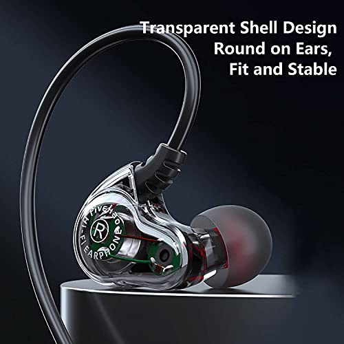 Dual Driver Wired Headphones 3.5mm Jack Earphones Plug in Ear Buds | Extra bass earbuds, wrap around over ear, hifi, microphone, hook, sport, running, aux, braided cable, noise isolation, cord