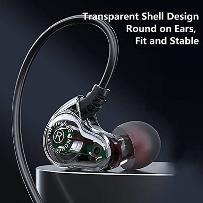 Dual Driver Wired Headphones 3.5mm Jack Earphones Plug in Ear Buds | Extra bass earbuds, wrap around over ear, hifi, microphone, hook, sport, running, aux, braided cable, noise isolation, cord