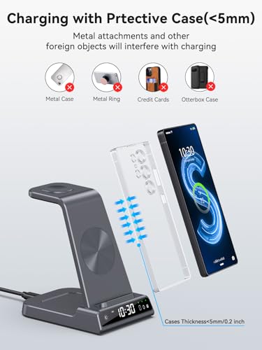Wireless Charger for Samsung S25 with Clock 3 in 1 Android Charging Station | Charging Station for Galaxy S25 Ultra,Z Flip 7,Fold,Galaxy Bud,Watch Charger for Galaxy Watch 8,7,6,5Pro, Nightstand Charger - color: Grey
