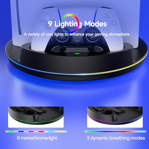NEWDERY for PS5/Slim/Pro Console Stand with Controller Charger | Charging Station for PS5 Controllers, Adjustable RGB Light, for PS5 Controller Charger Stand, Black - color: Black