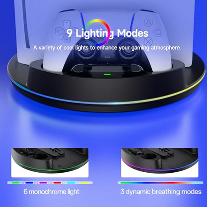 NEWDERY for PS5/Slim/Pro Console Stand with Controller Charger | Charging Station for PS5 Controllers, Adjustable RGB Light, for PS5 Controller Charger Stand, Black - color: Black