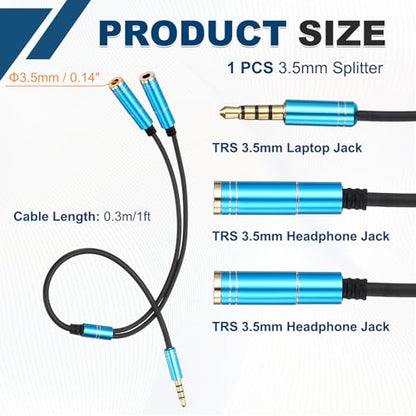 MECCANIXITY 2Pcs 3.5mm Splitter Male to 2 Dual 3.5mm Female Y Jack Aux Splitter for Phone Headset Tablets, 1ft, Blue - color: Blue