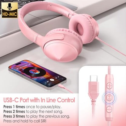 USB C Over Ear Headphones Wired with Mic Volume Control, Pink - color: Coral Pink