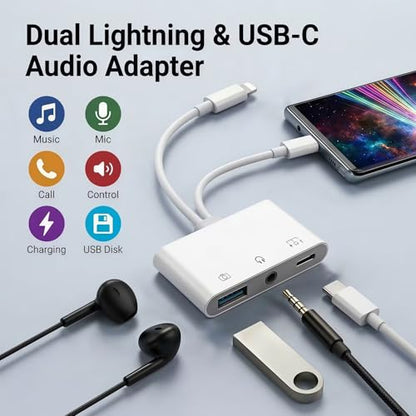 USB-C & Lightning to 3.5mm Audio Jack Adapter, Lightning to USB C Adapter with USB-A OTG Port and 3-in-1 USB-C Port for Charging, Data Transfer & Aux Audio, Compatible with iPhone17 iPad Galaxy S26