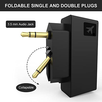 Airplane Bluetooth Adapter for Wireless Headphones and Any 3.5mm Aux Jack on Airplane, Bluetooth 5.0 Transmitter Receiver Fits for TV, iPad, Speaker, Gym, Foldable Single/Double Gold Plug (Micro USB)