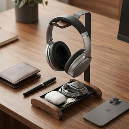 Headphone Stand for Desk with Storage Tray, Walnut Wood Headset Holder and Desktop Organizer for Headphones, Keys, Watches & Accessories, Home Office and Gaming Setup