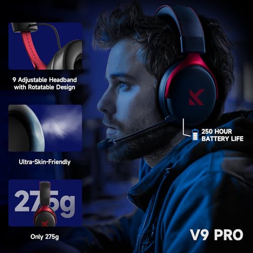 MCHOSE V9 PRO Wireless Gaming Headset 7.1 Surround Sound for PS5 PS4 PC SWITCH TOPSPEED Gaming Headphones, Noise Canceling Mic, 250Hr Battery, Low 15ms Latency, Lightweight, BT 5.3 FPS Games Black&Red - color: V9PRO-Black/Red