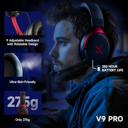 MCHOSE V9 PRO Wireless Gaming Headset 7.1 Surround Sound for PS5 PS4 PC SWITCH TOPSPEED Gaming Headphones, Noise Canceling Mic, 250Hr Battery, Low 15ms Latency, Lightweight, BT 5.3 FPS Games Black&Red - color: V9PRO-Black/Red