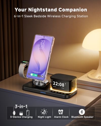Qi2.2 25W 6-in-1 Magnetic Charging Station for Samsung, Alarm Clock | Night Light,Bluetooth Speaker,Fast Wireless Charger Stand for Z Fold 8 Ultra/Fold8 Wide/S26 Ultra (Not for Watch 9/Ultra2)