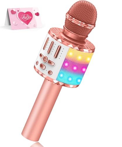 Karaoke Microphone Toys for Kids, Wireless Bluetooth Mic with Lights & Speaker, Portable Home KTV Player System, Perfect Birthday Party for 3-12 Year Old Boys & Girls - color: Rose Gold