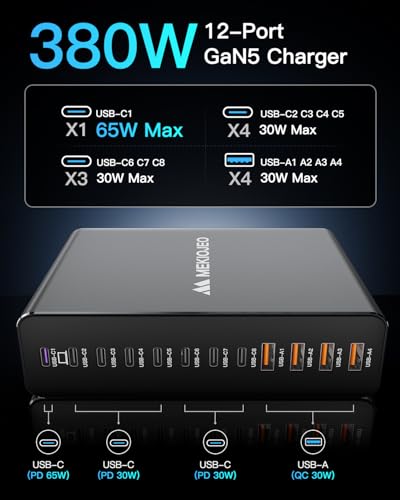12 Ports Aluminum Alloy MEKIOJEO 380W Charging Station USB C Charger Block | 65W Laptop Fast GaN Charger for MacBook Pro/Air/iPad Pro/iPhone - color: Gray