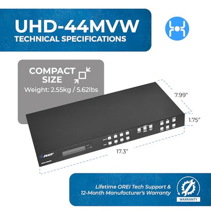 OREI 4K 4x4 HDMI Matrix Video Wall Controller Processor Multiviewer Display Upto 4K 60hz 2x1, 1x2, 1x3, 1x4 Supports 180 Degree Rotate RS-232 Audio Extraction (UHD-44MVW) - style: 4x4 Multiview/Video Wall