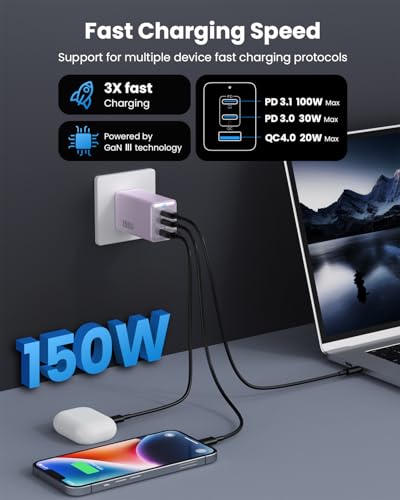 150W USB C Charger Block,GaN III Compact Foldable Wall Charger 3 Port Fast Charging Station,PD QC PPS Portable USB C Hub 100W Laptop Adapter for MacBook Pro/Air,iPad,iPhone 16/Pro,Galaxy S24,Dell etc - color: Purple