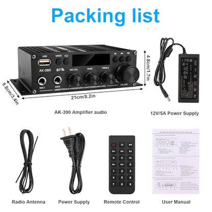 Romicta Stereo Audio Amplifier, 2.0 CH Mini Home Audio Bluetooth 5.0 Stereo Receivers with 400W, FM, AUX, USB, Microphone Input, 12V 5A Power Supply, Power Amplifier for Car Home Bar Party