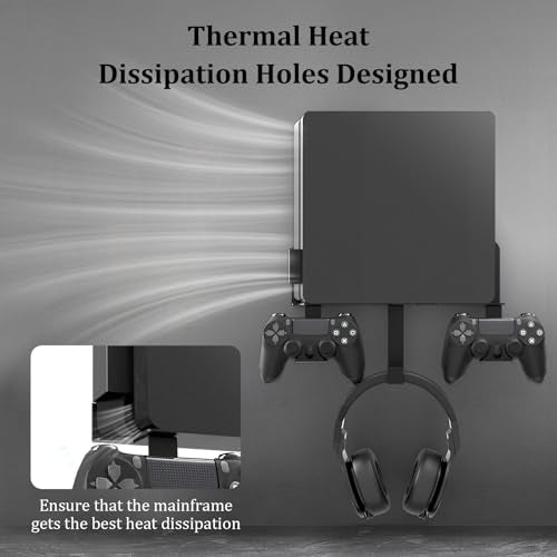 Wall Mount for PS4 Slim with Detachable 2 Controller Holder & Headphone Hanger, Metal Stealth Wall Mount Stand for Playstation 4 Slim - color: Black