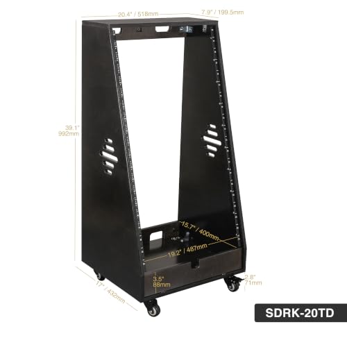 Sound Town DIY 20U Slanted Studio Rack with 2U Lower Storage, Casters, for Home Studio and Recording Room, Baltic Birch Plywood, Black Espresso (SDRK-20TD) - size: 20U,Black Espresso