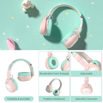 Icarer Kids Bluetooth Headphones with 85dB Volume Limiter, Bluetooth 5.4 & 20H Playtime, Ultra-Soft Foldable Over-Ear Headset with Mic, FM/TF/Wired Mode, Cute Animal Design for School Travel (Pink) - color: Pink