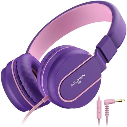 Kids Headphones for School with Microphone, 93dB Volume Limited, PinkPurple | Wired On Ear Headphones for Girls Boys, Foldable Lightweight Headphone for Classroom Learning & Entertainment Travel Computer - color: Pink Purple
