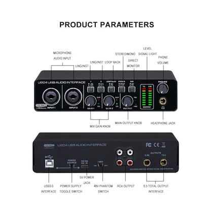 U204 USB Audio Interface for PC Computer Recording Music, 2x2 Guitar Audio Interface for Mac 32Bit/192kHz Podcasting Streaming for Vocalist Producer with 48V Phantom