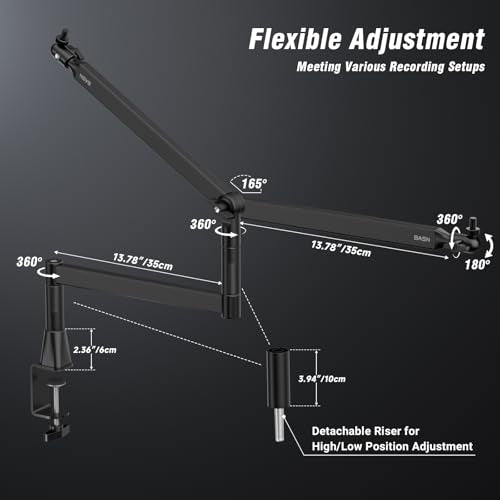 BASN Low Profile Microphone Boom Arm Stand with Desk Clamp - Rotatable & Storable Design, Cable Management Channel, 3/8" to 5/8" Thread Adapter for Podcast, Gaming, Streaming, Vocal Recording