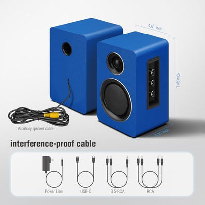 Computer Speakers, Bluetooth 5.3, USB-C, AUX/RCA, 3-Inch Woofer, Blue | A 3-inch carbon fiber woofer and 1-inch silk dome tweeter in wood cabinets. For PCs, turntables, TVs, gaming and music. - color: Blue