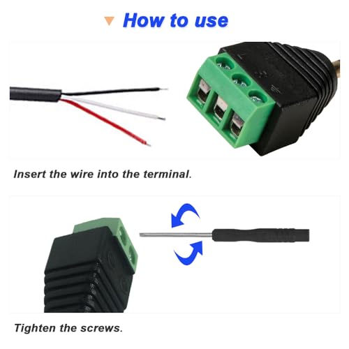 3.5mm Screw Terminal Gold Plated, 1/8" TRS Male to 3 Pin Screw Terminal with 1/8" TRS Female to 3 Pin Screw Terminal, Balun Solderless Converter with Screwdriver - color: 3Pin
