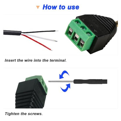 3.5mm Screw Terminal Gold Plated, 1/8" TRS Male to 3 Pin Screw Terminal with 1/8" TRS Female to 3 Pin Screw Terminal, Balun Solderless Converter with Screwdriver - color: 3Pin