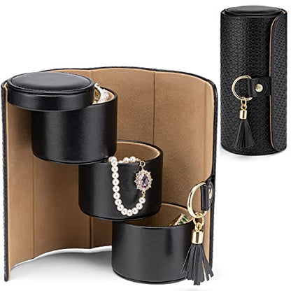 VLANDO Travel Jewelry Organizer, 3 Tier Roll Up Design, Hard Shell Storage | Stepped Sections Compartments Keep Jewelry Visible, Soft Lining Protect Pieces, Snap Closure, Travel Gift for Women Girl - color: Black