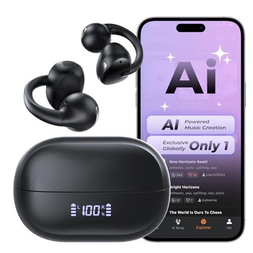 Haowolf Open Ear Bluetooth 5.4 Bone Conduction Headphones, 4 Mics Clear Calls Wireless Clip On Earbuds, 5.7g Ultra-Light, AI Music Generator, 30H Hi-Fi Stereo Playtime for Running, Black