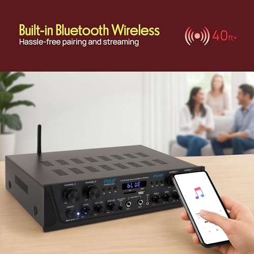 Pyle 4-Channel Audio Amplifier with Bluetooth - Home Stereo Receiver w/ 500W Max Power - Commercial or Karaoke - Dual Mic Input with Echo, Vol, Talk-Over - AUX In - Sub Out - USB-A MP3 Player, AM/FM