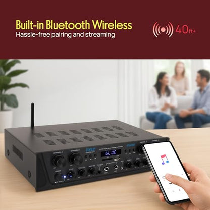 Pyle 4-Channel Audio Amplifier with Bluetooth - Home Stereo Receiver w/ 500W Max Power - Commercial or Karaoke - Dual Mic Input with Echo, Vol, Talk-Over - AUX In - Sub Out - USB-A MP3 Player, AM/FM