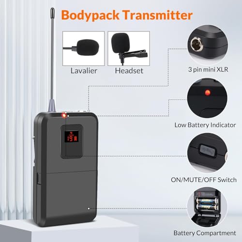 200-Channel Wireless Microphones System, Wireless Lavalier Microphone, Dual UHF Bodypack Cordless Lavalier Mic System Set, Auto Scan, Long Range 200-240Ft, 16 Hours Ideal for Church (Black)