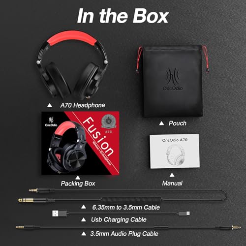 OneOdio A70 Bluetooth Over-Ear Headphones, Hi-Res Wired DJ Studio - Red | Wireless over-ear headphones with 72H playtime, 3.5mm/6.35mm wired jacks for studio monitoring, mixing, guitar, amp and PC - color: Red