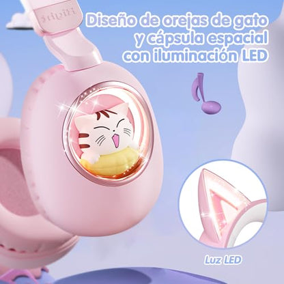 Kids Headphones Bluetooth 5.4 - Cat Ear LED Light Up Noise Cancelling Wireless Headphones with Mic, 85dB Volume Limited, Wired & Wireless Mode for Travel/School/iPad