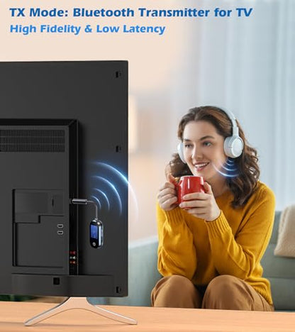 Bluetooth 5.3 Transmitter Receiver 2 in 1 with LCD Screen | Bluetooth Low Latency AUX Adapter for TV/Airplane/Car/Home Stereo, Bluetooth Audio Adapter for Headphones, Plug and Play - style: Single Link