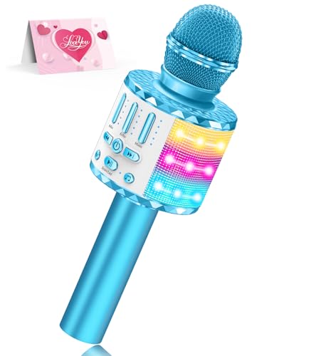 Karaoke Microphone Toys for Kids, Wireless Bluetooth Mic with Lights & Speaker, Portable Home KTV Player System, Perfect Birthday Party for 3-12 Year Old Boys & Girls - color: Blue