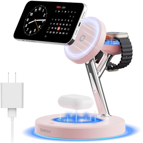 3 in 1 MagSafe Wireless Charger Stand for iPhone Apple Watch AirPods | Adjustable Blue Ambient Light,15W Magnetic Charging Station for iPhone 17 16 15 14 13 12 Series Wireless Charging Station - color: Pink