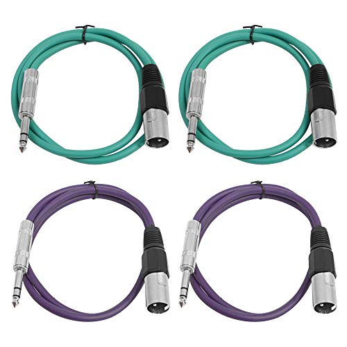 Seismic Audio - SATRXL-M2-4 Pack of 2 Foot 1/4 Inch TRS to XLR Male Patch Cables - Balanced - 2 Foot Patch Cord - Green and Purple - color: Green and Purple